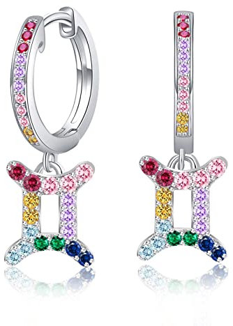 Zwillinge Sternzeichen Ohrringe mit Bunt Zrkonia - Qings Damen Mädchen Creolen 925 Sterling Silber Klein Horoskop Anhänger Hängend Hoops Ohrringe 12 Konstellation Sternbild Astrologie Schmuck Geschenk