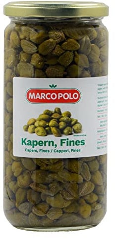 HYMOR KAPERN FINES - 4x 450g Glas - eingelegte Kapern in Salz & Essig, als Gewürz für Pizza und Pasta, für Vitello Tonnato, in Saucen wie Königsberger Klopse, auf Rinder-Tartar, als Pesto oder Dip