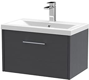 Hudson Reed JNU2222A Juno Modern Bathroom Wall Hung Single Drawer Vanity with Mid-Edge Ceramic Basin, 600mm, Woodgrain Graphite Grey