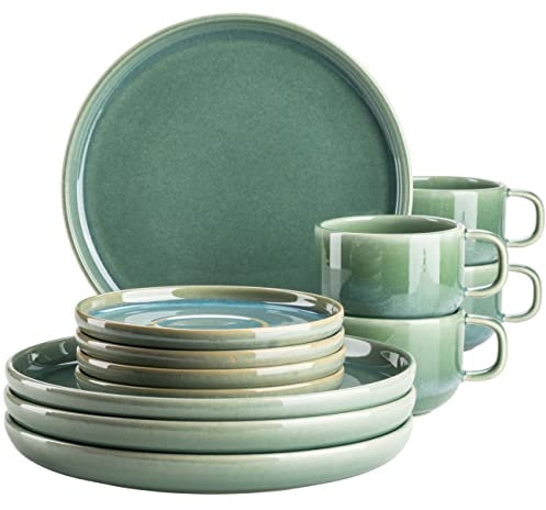 MÄSER Serie Elina Uno, set di stoviglie da caffè moderno con effetto irregolare per 4 persone, piatti piani piani e piatti fondi, servizio da caffè da 12 pezzi, gres porcellanato, spiaggia