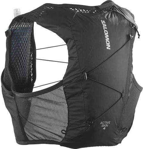 Salomon Active Skin 4 Unisex Hydrationsweste Trail running Wandern MTB mit Hydrationsflaschen, Einfache Flüssigkeitszufuhr, Präzise Passform, Optimierte Verstaumöglichkeiten, Schwarz, XL