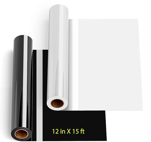 JAVIGA HTV Heat Transfer Vinyl 2 Rolls - 12 x 15ft White Black Iron on Vinyl for DIY Fabric, T-Shirts, Other Textiles Compatible HTV Vinyl with Vinyl Craft Machine