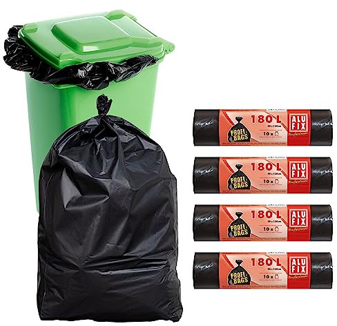 Bolsas De Basura Negras Grandes Y Resistentes ALUFIX 180L – 40 Unidades (4 Rollos Con 10 Bolsas Cada Uno) – Material LDPE – Bolsas Extrafuertes Ideales Para Obras, Jardín Y Residuos Domésticos