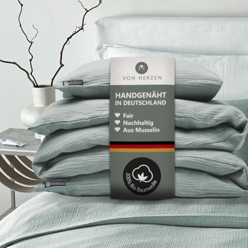 von Herzen Musselin Bettwäsche I weiche Bettwäsche I 100% Baumwolle I Bezug für Bettdecke + Kissen I Bettwäscheset mit Reißverschluss für Erwachsene I handgenäht I Mint 155x220 / 80x80