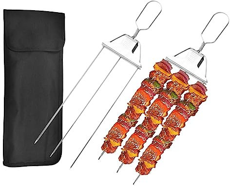 Spiedini per griglia a 3 vie, spiedini per barbecue Kabobs BBQ GrillSavant, spiedini in metallo per grigliare, accessori per barbecue, bastoncini per carne, pollo, verdure, barbecue all'aperto (2