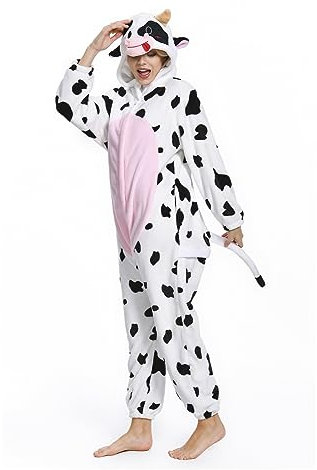 OLAOLA Pigiama Intero Adulti, Costume da Mucca Rosa, Onesie Unisex per Cosplay di Halloween, Pigiama Intero per Donna e Uomo