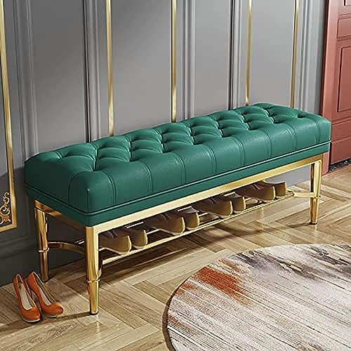 CATANK Premium-Leder-Bank mit goldenem Schuhregal, gepolstertes Ende des Bettes, Sitzbank, Flur, Schuhbank, Grün, 90 x 33 x 48 cm