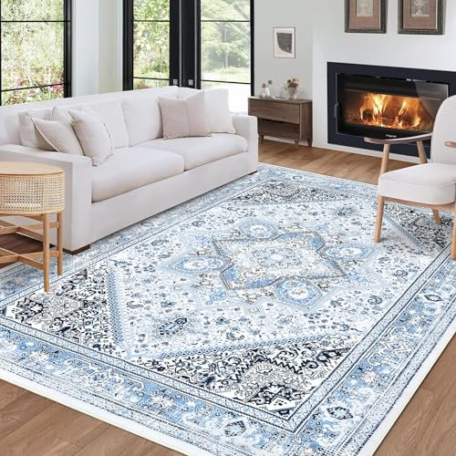 LuxFocus Teppich, 160 x 230 cm Vintage Teppich, Innenbereich Bedruckt Used Look Teppich Mmehrfach Dünner Teppich Faltbarer Akzentteppich leicht für Küche Wohnzimmer Schlafzimmer Esszimmer, Blau
