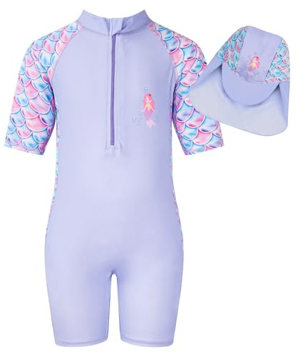 WYTbaby Mädchen Badeanzug Einteiler Kurzen Ärmeln Anti-Uv Badebekleidung Mädchen Meerjungfrau Stoffdruck Kinder Bademode Boxershorts für Mädchen 8-9 Jahre