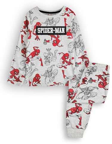 Marvel Spiderman Jungen Pyjama Set | Kinder Superhero Langarm Langarm-Grafik-Pyjama in Grau | Allover-Print Spider-Man Nachtwäsche in Rot und Schwarz | Film Film Comic Nachtwäsche Merchandise