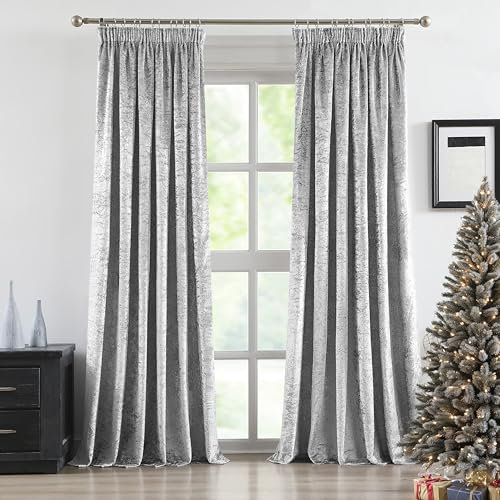 Bujasso Silver Crushed Velvet Pencil Pleat Room Darkening Window Curtain Panels 90 inches Long Microfiber Lining Light Blocking Window Drapes for Living Room Set of 2 Panels W66 x L90 Sliver