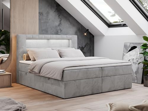 MKS MEBLE Boxspringbett 180x200 mit Led Grau Samt, Polsterbett Bett mit Topper T25 und Kopfteil, Multipocket Matratze H3, Doppelbett mit Bettkasten Stauraumbett - Gold-5 - Hellgrau Velvet