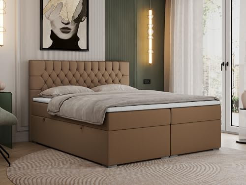 MKS MEBLE Boxspringbett 160x200 cm mit Bettkasten, Premium Multipocket Matratze H3 mit Topper T25, Doppelbett mit Kopfteil PERA - Braun Kunstleder