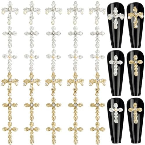 CRASPIRE 60Pcs 6 Style Cross Nail Charms 3D Y2K Metal Alloy Rhinestone Pearl Flat Nail Gems Set Gothic Vintage Punk Studs Decor for Women Nail Art DIY Jewelry Cellphone Crafts Christmas Decorations