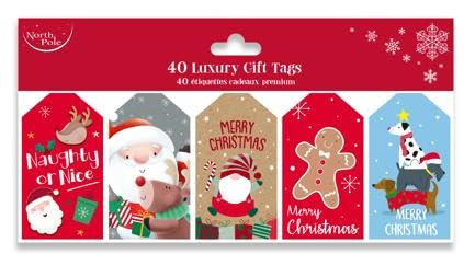 Eurowrap Die Cut Christmas Pack of 40 Gift Tags Xmas, 5 Assorted Designs, Cute Designs X34520GTC