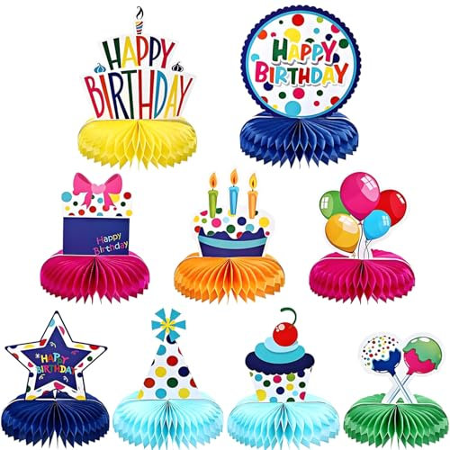 OEEYYT 9 decorazioni per la tavola di compleanno a nido d'ape colorate per torta di buon compleanno, decorazioni da tavolo per feste di compleanno centrotavola