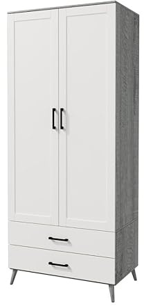 URBNLIVING 180cm White Ash Grey Black Freestanding Wardrobe 2 Door 2 Drawer Shelf Modern Clothes Storage Cupboards Unit for Bedroom Hanging Rail with Wooden Legs