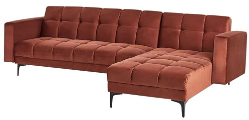 Beliani Ecksofa Samtstoff hell rot gesteppt 4-Sitzer linksseitig Schlaffunktion Alnes