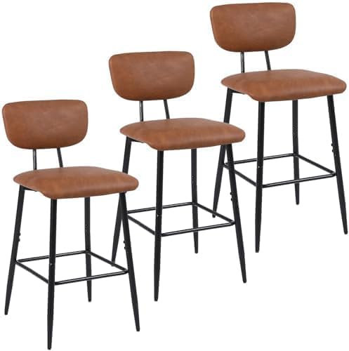 Youhauchair Tabouret Bar Lot de 3, Tabouret de Bar Moderne en Faux Cuir pour îlot de Cuisine, Chaise de Bar pour Petit-déjeuner avec Dossier et Pied en Métal, Tabourets de Bar Rembourrés, Brun