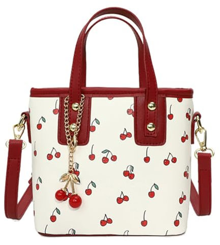 GSenhui Mini Tote Bag Damen Kleine Handtasche Mädchen Umhängetasche Kirschdruck mit Cherry Pendant, Crossbody Bag Coquette Aesthetic Clean Girl und Abnehmbarer Gurt