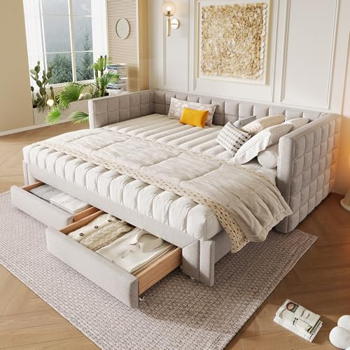 Lcoho Daybett, Tagesbett(90 x 200cm), Sofabett mit quadratischer Rückenlehne, ausziehbares Bett (ausziehbar auf 180 Queensize), 2 Schubladen, ohne Matratze (Beige)