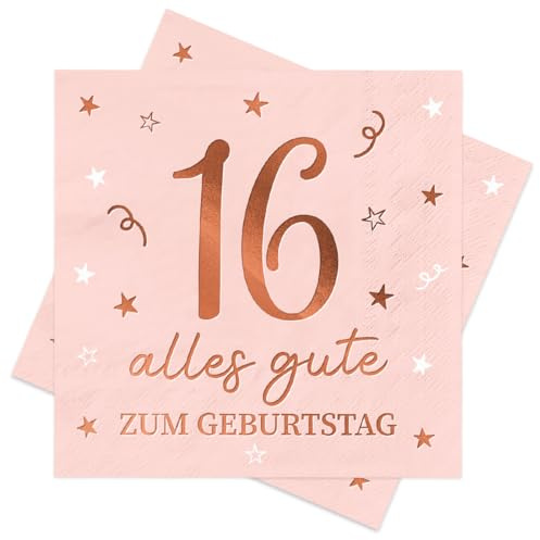 Servietten 16. Geburtstag, 30 Stück Roségold Geburtstags Serviette, Alles Gute zum 16. Geburtstag Servietten, 3-Lagig 16 Geburtstagsdeko Papierservietten für Mädchen Jubiläum Feiern