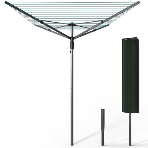 VOUNOT® Stendibiancheria Rotante da Esterno a Ombrello con 4 Bracci, 45M di Filo per Stendere, Stendino Pieghevole con Copertura Protettiva e Picchetto da Terra, Grigio Blu