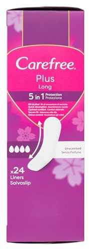 Carefree Slipeinlagen Plus Long ohne Parfüm, extra langer Damen-Slip mit 5in1-Schutz für 8 h trockenes Gefühl, ultradünne Damenbinden ohne Duft für den täglichen Gebrauch, 24 Slipeinlagen