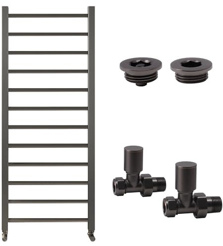 Gunmetal Bathroom Straight Heated Towel Rail Radiator 1600 x 500 with Straight Manual Valves & Air Bleed Vent Set