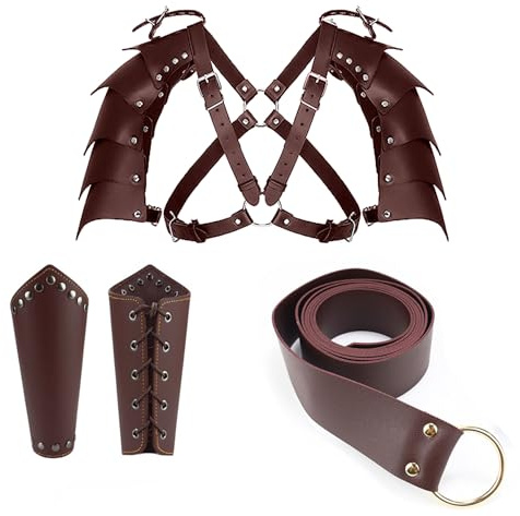3PCS Mittelalter Gürtel Renaissance Zubehör, PU-Leder-Gürtel und Armschutz, Renaissance-Kostüm-Zubehör, verstellbare doppelte Schulterrüstung, Halloween-Cosplay, Ritterausrüstung für Männer und
