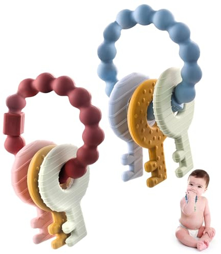 Silikon Sensorik Spielzeug Beißring 2 Stück Leicht Zu Greifling Beissring Baby Beißring Zur Sanften Massage Von Zahnfleisch Schlüssel Baby Spielzeug Für Ab 6 Monaten Babys (Blau/Burgunderrot)