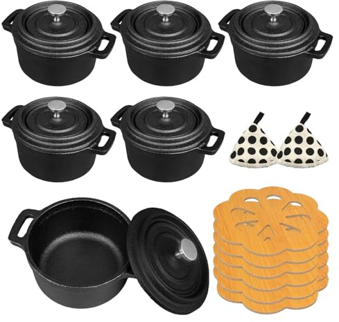 UCEHIPAW 6 Pcs Mini Dutch Oven with Lids and Dual Handles Round Small Iron Cocotte Pot Black Cast Iron Pot for Marinate Bake Refrigerate Cook Grill Garlic Roaster BBQ Stovetop Use (8 oz)