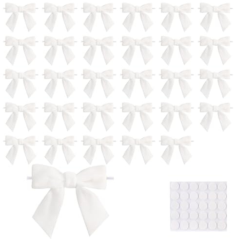 30 Stück 3,15-Zoll-Fertigschleifen in Champagnerfarbe mit Klebepunkten, selbstklebende Satinbandschleifen für Geschenkverpackungen, Hochzeitsdekoration, Christbaumschmuck (Weiß)