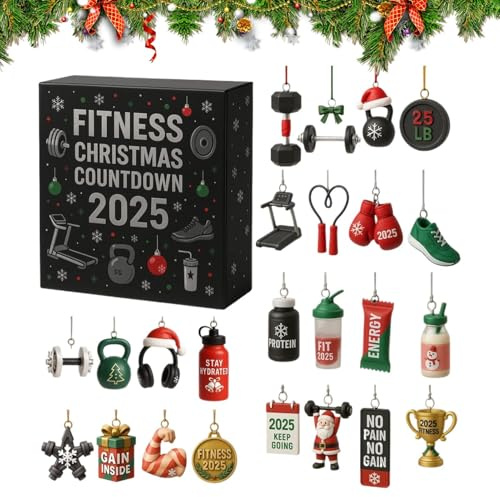 Gyms Adventskalender 2025 Acryl 24 Tage Fitnessstudios Countdown Kalender mit 2D Gym Thema Ornamente 24 Tage Fitness Gear Weihnachtsschmuck für Winter Urlaub Feier Home Gym Fenster