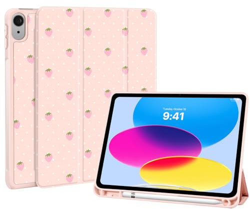 Fycyko for iPad (A16) 11th Generation 11 Inch 2025/iPad 10th Generation 10.9 Inch 2022 Case,Cute Sweet Pink Strawberry Pattern Aesthetic TPU Shockproof Protective Cover with Pencil Holder