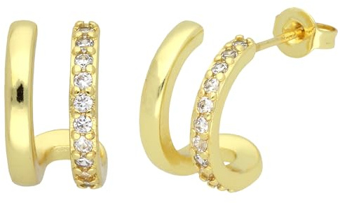 LÖB 750 Gold vergoldet Creolen Ohrringe Hängend Doppel Ring Zirkonia Damen Ohrhänger Steine Modern Minimalistisch Elegant Halbcreolen Schmuck