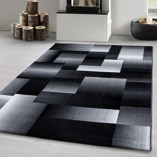 Carpetsale24 Kurzflor Teppich 200x290 cm, Modern Abstrakt Kariert in Schwarz Grau Weiß, Pflegeleicht, ideal für große Wohnzimmer, Essbereiche oder offene Wohnräume