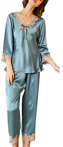 E-girl Damen 100% Seide Langarm Pyjama‑Set mit Spitze,EU 38-44 | Hochwertige atmungsaktive Seide,Reverskragen‑Knopfoberteil,zarte Spitzenbesätze an Manschetten und Saum,großzügige Passform