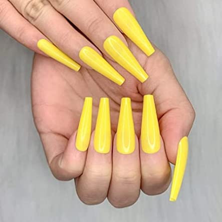 Brishow Coffin Long False Nails - Pure Color Ballerina Stick-On Full Cover Acrylic Press-On for Women and Girls (Yellow)