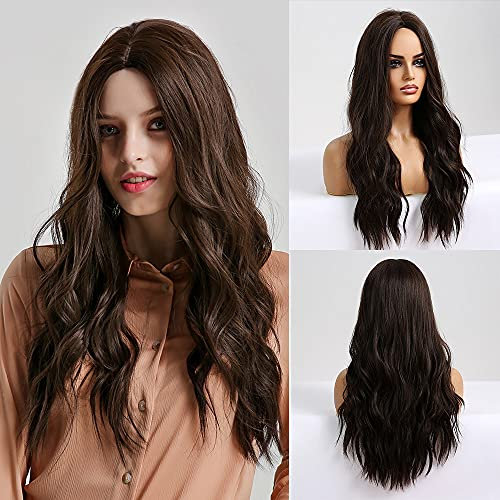 EMMOR Lange wellenförmige Perücken braune Perücken für Frauen, hitzebeständige synthetische Perücken für den täglichen Party/Cosplay (26 Zoll, braun)