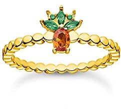 Thomas Sabo Kugelring für Damen mit Ananas Motiv 925er Sterlingsilber mit 750er Gelbgold Vergoldung mit Zirkonia in Grün und Orange, Größe: 56, TR2352-472-7-56