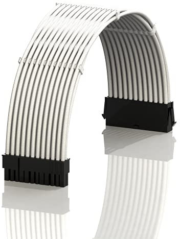 LINKUP - AVA 30cm ATX 24 Pin (20+4) Motherboard PSU Braided Sleeved Power Supply Extension Cable w/Combs | Strong & Stiff Design | Single Pack | 300mm - White