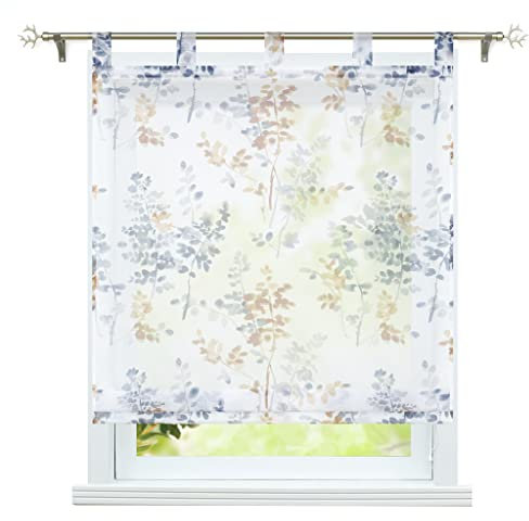ESLIR Raffrollo mit Schlaufen Gardinen Küche Raffgardinen Transparent Schlaufenrollo Vorhänge Blätter-Motiven Modern Voile Orange BxH 80x140cm 1 Stück