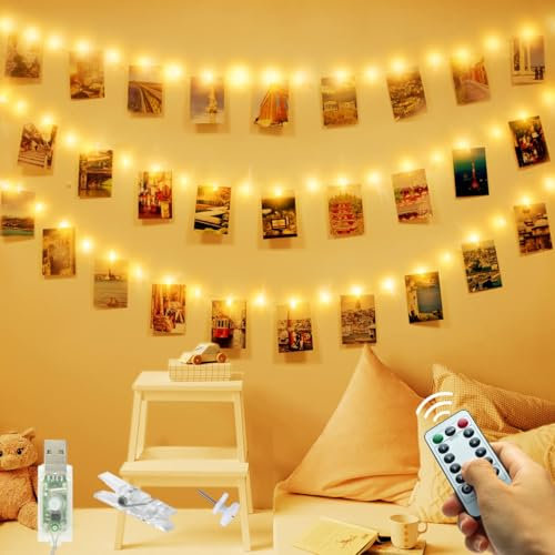 120 LED Foto Clip Lichterkette, USB Plug in Fernbedienung mit 8 Modi Foto Peg Lichterkette mit 60 Clips & 20 Nägel Hängende String Fotorahmen Dekoration für Schlafzimmer Hochzeit Party Geburtstag