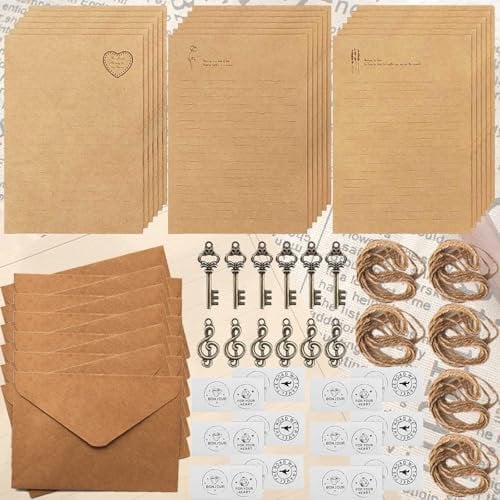 Duyteop 72 Stück Vintage Schreiben Briefpapier, Kraftpapier Vintage Briefpapier, Umschläge Antik Briefpapier, 24 Blätter Briefpapier, 12 Umschlägen, 12 Retro Schlüsseln, 12 Aufklebern, 12 Hanfseilen