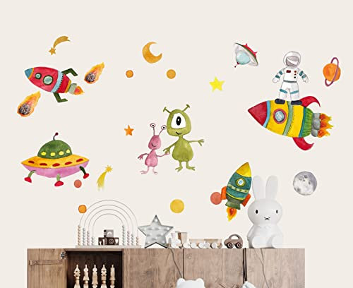 wolga-kreativ Wandtattoo Wandsticker Möbelsticker Aufkleber Wandbild Wasserfarebn Weltraum Rakete Astronaut Weltraumschiff Wanddeko Set Kinderzimmer Babyzimmer Mädchen Junge-n