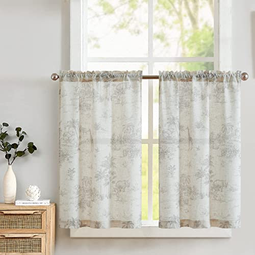 TOPICK Leinen Scheibengardinen Halbtransparent Bistrogardine Grau Toile de Jouy Druck Chic Landhaus Vorhang Privatsphäre Fenstervorhang für klein Fenster Küche Bad Wohnzimmer 2er Set 65cmx60cm(BxH)