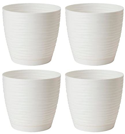 AC - Pack de 4 Macetas Redonda de 15 cm con Plato Discreto, Diseño Sahara, Fabricado en España, jardín Exterior, terraza o balcón, Color Blanco