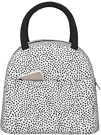 MDATT Bolsa de almuerzo aislada con lunares blancos y negros para mujer, lonchera para hombres, a prueba de fugas, con asa para el trabajo, picnic