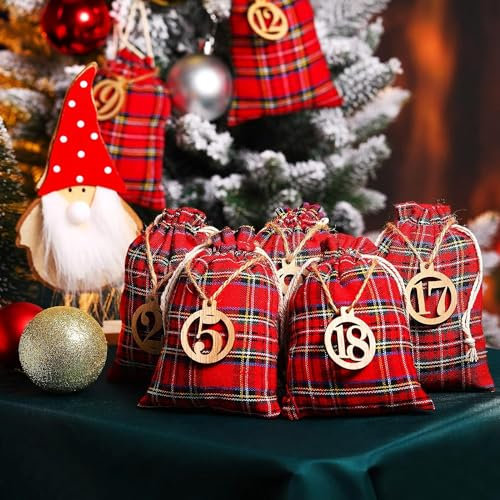 Calendario Avvento Fai da Te 2025,14x10cm Sacchetti Avvento da Riempire per Bambini Donna Uomo,Calendario Dell'avvento Vuoto Natale con Numeri,Clip,Corda di Canapa